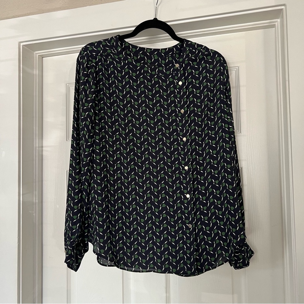 Ann Taylor Navy and Green Patterned Blouse with Gold Buttons